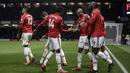 Para pemain Manchester United merayakan gol  Jesse Lingard saat melawan Watford pada lanjutan Premier League di Vicarage Road stadium, Watford, (28/11/2017). MU menang 4-2. (AP/Matt Dunham)