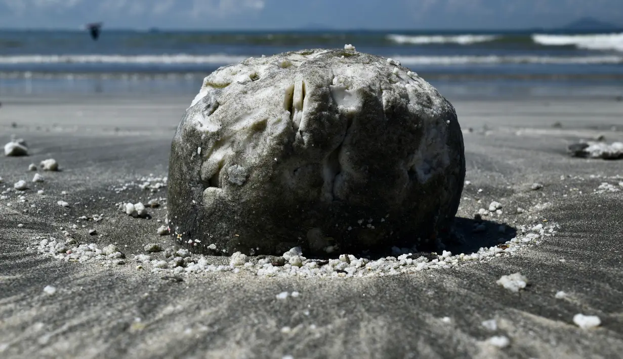Benjolan minyak kelapa sawit terbawa hingga ke tepi sebuah pantai di Hong Kong, Senin (7/8). Sepuluh pantai di Hong Kong ditutup pada Minggu (6/8) setelah minyak sawit tumpah akibat tabrakan kapal di perairan China. (Anthony WALLACE / AFP)
