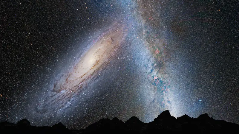 Ilustrasi Andromeda dan Galaksi Bima Sakti di langit malam