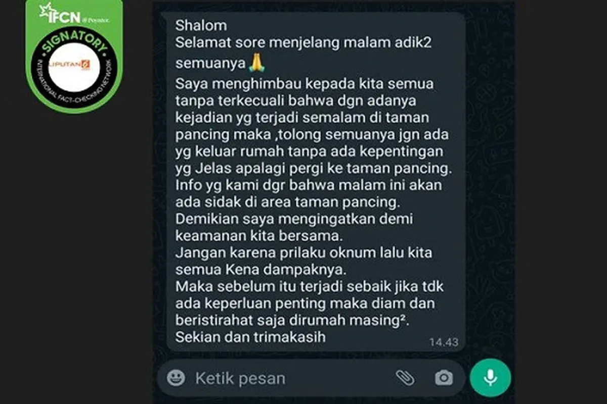 Pesan berantai berisi kabar hoaks adanya aksi begal di Taman Pancing, Denpasar, Bali (sumber: whatsapp).