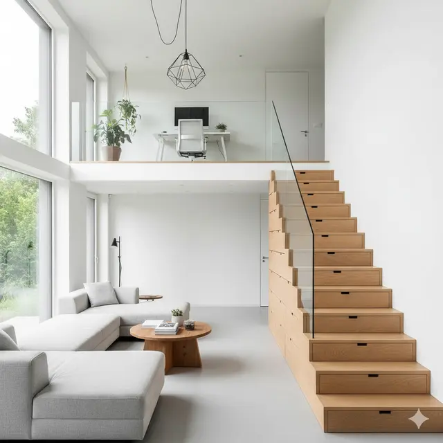 Model Rumah Kecil Mezzanine dengan Rak Tangga Multifungsi