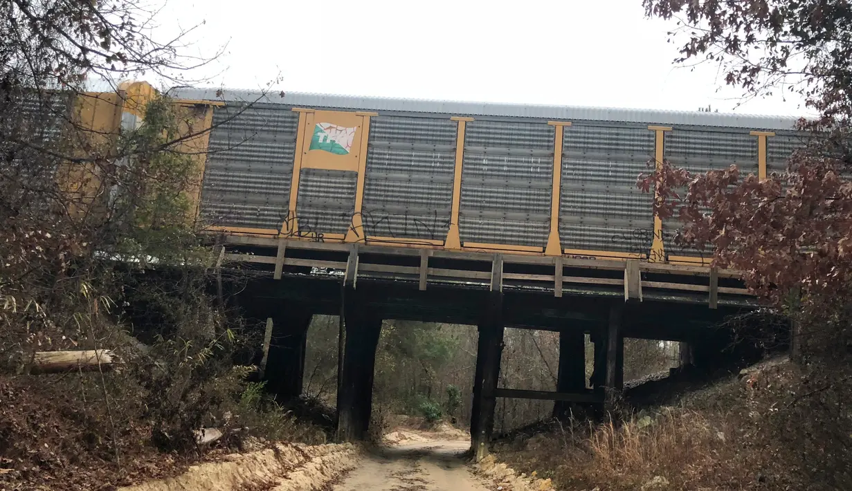 Salah satu gerbong berada di atas jembatan saat terjadi tabrakan antara kereta Amtrak dan kereta barang CSX di South Carolina (4/2). (Tim Dominick/The State)