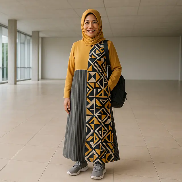 Model Gamis Lurik Kombinasi Polos Terbaru untuk Ibu-Ibu Usia 40 Tahun/via ChatGPT
