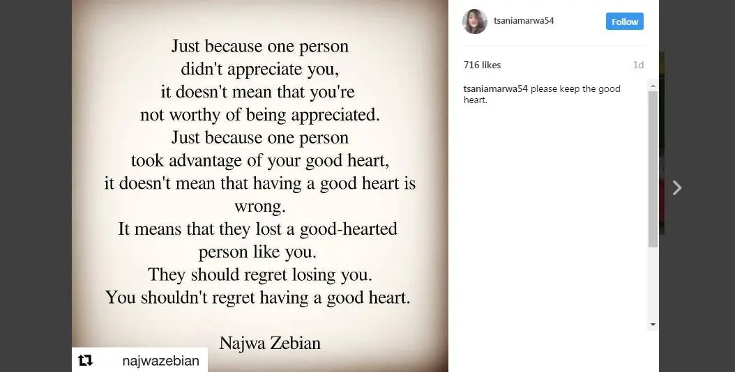 Tsania Marwa mencurahkan isi hatinya melalui media sosial Instagram. [foto: instagram/tsaniamarwa54]