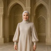 Gamis Embos untuk Kondangan Ibu-Ibu Usia 50 Tahunan (created by AI)