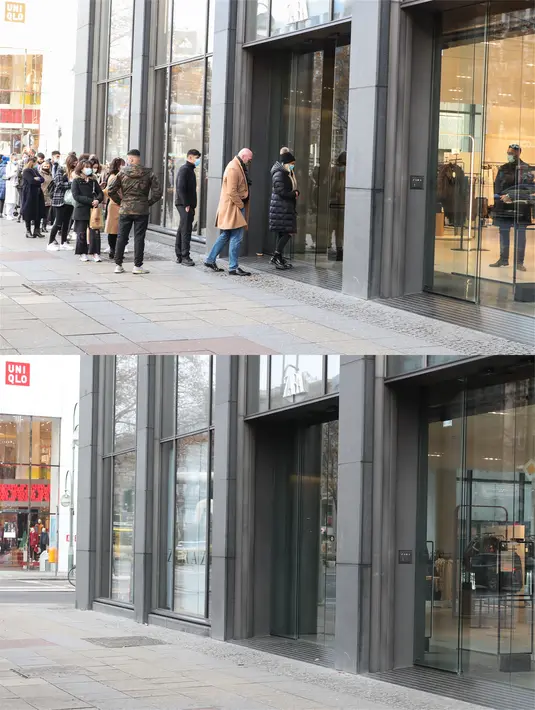 Foto kombinasi yang diabadikan pada 27 November 2020 (atas) dan 16 Desember 2020 (bawah) ini menunjukkan pemandangan berbeda di luar sebuah toko di Berlin, Jerman. Jerman menerapkan karantina wilayah (lockdown) yang lebih ketat mulai 16 Desember 2020. (Xinhua/ShanYuqi)