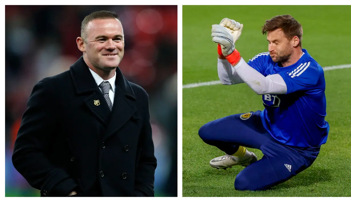 Wayne Rooney - David Marshall. Wayne Rooney berusia 35 tahun saat ditunjuk menjadi manajer tetap Derby County pada Januari 2021. Ia lebih muda dari kiper Derby County, David Marshall yang telah berusia 36 tahun. (AFP/Adrian Dennis/Jack Guez)