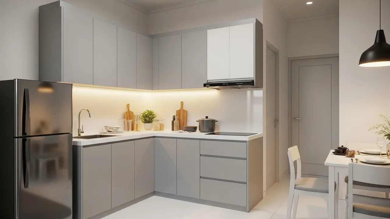 Dapur Open Space Nuansa Abu-abu dan Putih