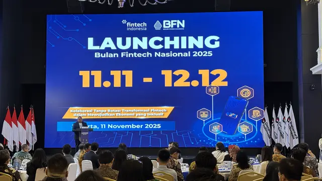 Ketua Umum Asosiasi Fintech Indonesia (AFTECH) Pandu Sjahrir  resmi membuka Bulan Fintech Nasional (BFN) 2025, Selasa (11/11/2025). (Tira/Liputan6.com)
