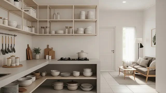 Model Dapur Minimalis dan Ruang Tamu Menyatu Tanpa Sekat/ Ilustrasi AI