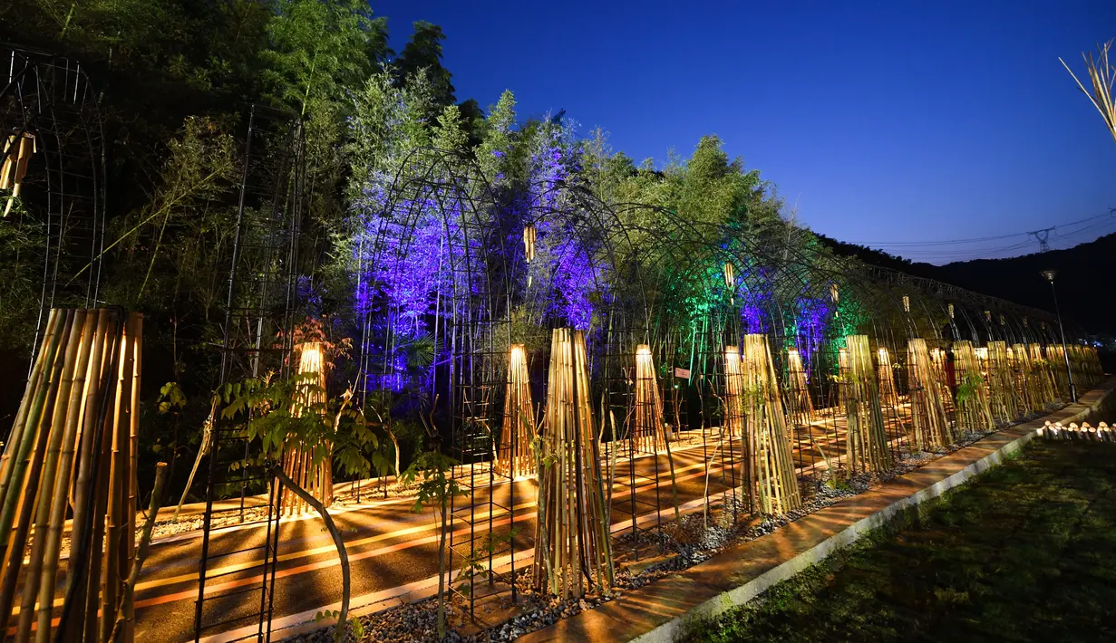 Koridor yang diterangi instalasi bambu di Desa Tangchang yang berada di Yongchang, Kota Hangzhou, Provinsi Zhejiang, China pada 13 November 2020. Kaya akan sumber daya bambu, Desa Tangchang menggelar pertunjukan cahaya yang menampilkan berbagai instalasi lampu yang terbuat dari bambu. (Xinhua/Xu Yu)