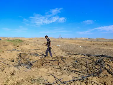 Seorang petani Palestina memeriksa lahan pertaniannya setelah buldoser tentara Israel merusak sebagian lahan itu, yang berada di sebelah timur Khan Yunis di perbatasan Jalur Gaza selatan (13/10/2020). (Xinhua/Yasser Qudih)