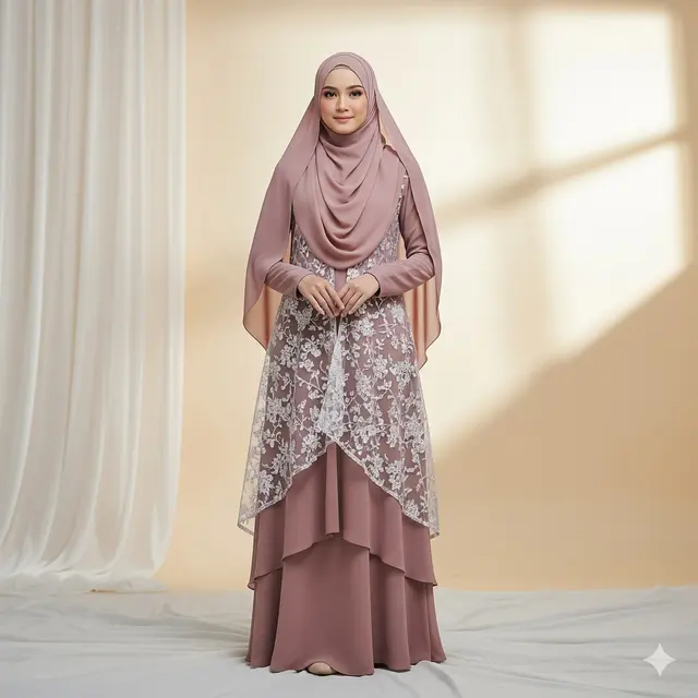 Maxi Dress Sifon Layer dengan Lapisan Brokat Transparan