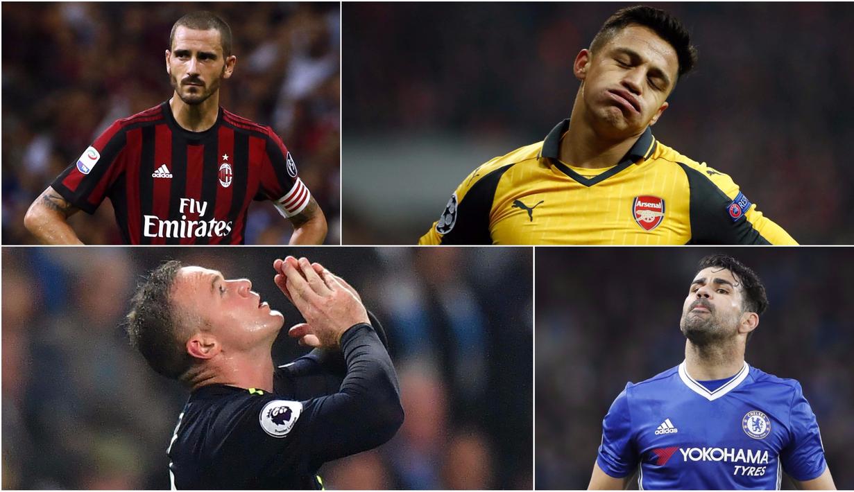 Berikut ini tujuh pesepak bola top yang absen di Liga Champions musim 2017/2018, mulai dari Leonardo Bonucci hingga Diego Costa. (Kolase foto-foto dari AFP)