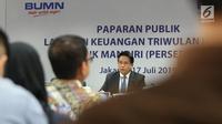 Direktur Bisnis dan Jaringan Hery Gunardi memaparkan kinerja Bank Mandiri triwulan II-2019 di Jakarta, Rabu (17/7/2019). Adapun pertumbuhan kredit rata-rata perseroan (bank only) tumbuh 12,1% secara yoy menjadi Rp690,5 triliun berdasarkan ending balance pada Juni 2019. (Liputan6.com/Angga Yuniar)