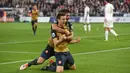 Ekspresi Laurent Koscielny setelah mencetak gol ke gawang Swansea City dalam lanjutan Liga Premier Inggris di Stadion Liberty, Sabtu (31/10/2015). (Action Images via Reuters/Alan Walter)