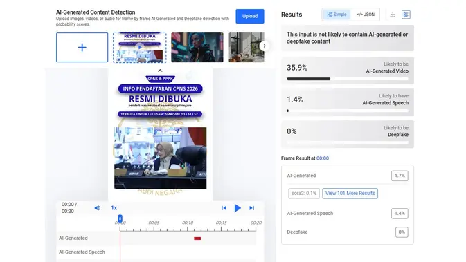 Video klaim Menpan RB Rini Widiyantini mengumumkan pendaftaran CPNS 2026 resmi dibuka menunjukkan hasil AI. (Foto: tangkapan layar Hive Moderation)
