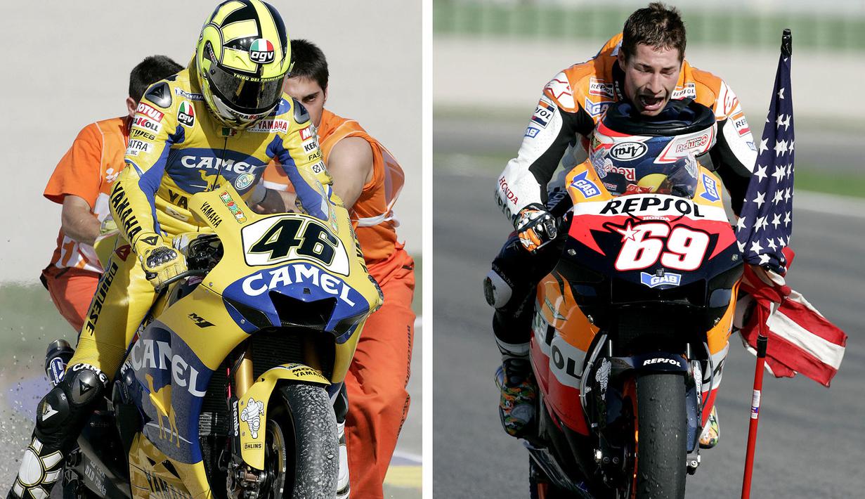 Rivalitas Nicky Hayden dengan Valentino Rossi pada balapan MotoGP di Sirkuit Ricardo Tormo Race, GP Valencia, 2006. (AP Photo/Fernando Bustamante)