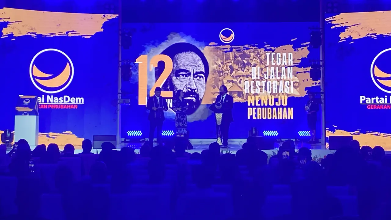 Ketua Umum Partai NasDem Surya Paloh pada saat Hari Ulang Tahun (HUT) ke-12 Partai NasDem di NasDem Tower, Gondangdia, Menteng, Jakarta Pusat, Sabtu, (11/11/2023) (Liputan6.com/Ady Anugrahadi)