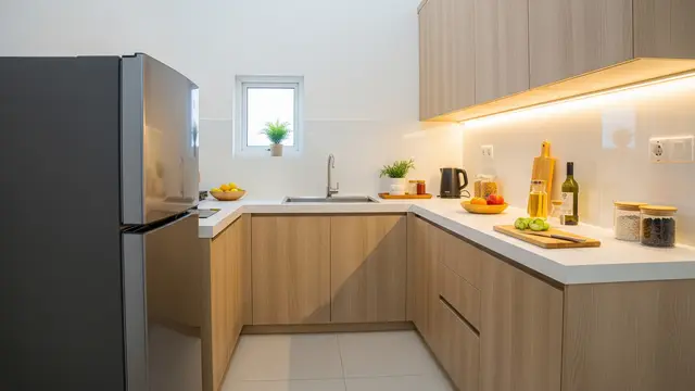 Inspirasi Dapur dengan Bak Cuci Piring Sudut yang Hemat Ruang dan Tidak Becek Model dekat Area Persiapan Makanan