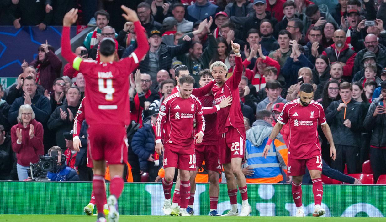 Gol-gol kemenangan Liverpool dicetak Dominik Szoboszlai pada menit ke-25, Hugo Ekitike menit ke-51, Ryan Gravenberch menit ke-53, dan Mohamed Salah menit ke-62. (AP Photo/Jon Super)