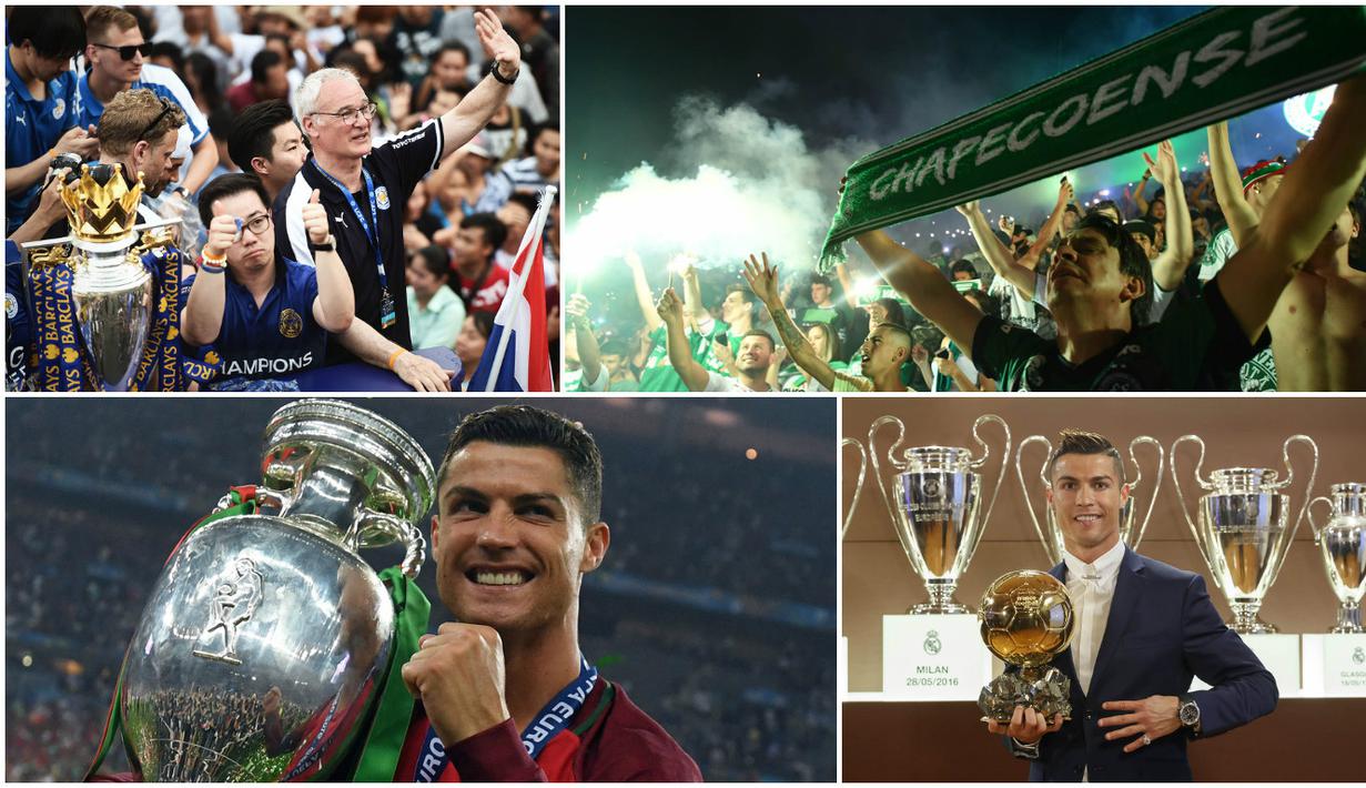 Kaleidoskop sepak bola dunia pada tahun 2016 diwarnai kisah fenomena Leicester serta cerita kejayaan Cristiano Ronaldo. (AFP)