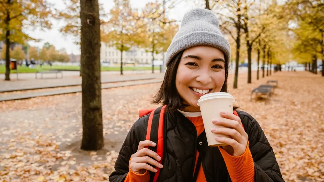 bahagia musim gugur minum kopi