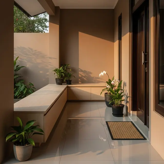 Teras Depan Rumah Sempit Budget Terbatas dengan Bangku Kayu Panjang untuk Ruang Penyimpanan