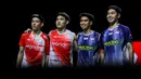 Pebulu tangkis ganda putra Indonesia, Raymond Indra/Nikolaus Joaquin berfoto bersama dengan rekan senegaranya, Sabar Karyaman Gutama/Moh Reza Pahlevi dalam laga semifinal Indonesia Open 2026 di Istora Senayan, Jakarta, Sabtu (06/06/2026). (Bola.com/Bagaskara Lazuardi)