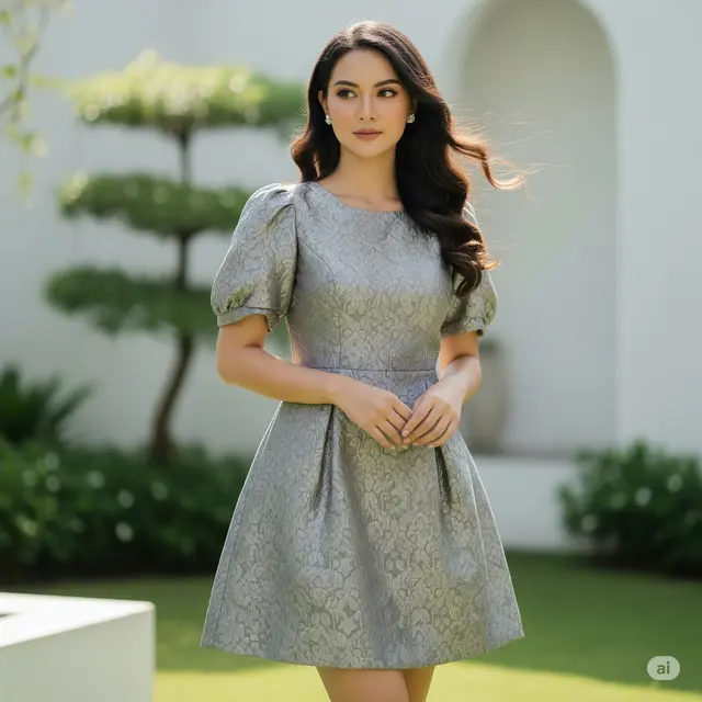 Dress Brokat Lengan Balon Pendek. Foto: Gemini