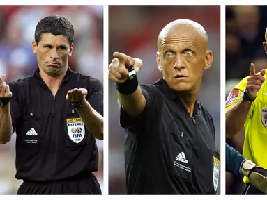 Foto kolase Markus Merk (kiri), Pierluigi Collina (tengah), dan Howard Webb saat memimpin pertandingan. (Foto: AFP)