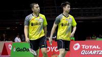 Ganda putra Indonesia, Kevin Sanjaya Sukamuljo/Marcus Fernaldi Gideon, takluk dari Namdash/Nipitphon Phuangphuapet pada laga Grup B Piala Thomas 2018, Selasa (22/5/2018). (PBSI)