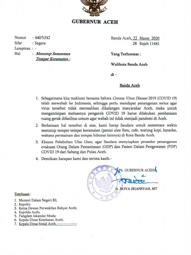 Surat Plt. Gubernur Aceh yang isinya meminta Wali Kota Banda Aceh, Aminullah Usman menutup tempat-tempat keramaian (Liputan6.com/Rino Abonita)