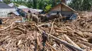 Foto ini menunjukkan tim pencari dan penyelamat gabungan mengerahkan gajah Sumatra untuk membantu membersihkan puing-puing pohon pasca banjir bandang di Meureudu, Kabupaten Pidie Jaya, Provinsi Aceh, pada Senin 8 Desember 2025. Tim gabungan mengerahkan beberapa ekor gajah Sumatra untuk membantu membersihkan tumpukan kayu gelondongan di Meureudu, Kabupaten Pidie Jaya, Provinsi Aceh pada Senin 8 Desember 2025. (CHAIDEER MAHYUDDIN/AFP)