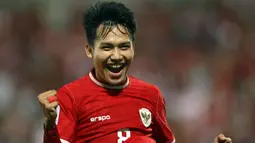 Selebrasi pemain Timnas Indonesia U-23, Witan Sulaeman setelah mencetak gol kedua ke gawang Yordania U-23 pada laga ketiga Grup A Piala Asia U-23 2024 di Abdullah bin Khalifa Stadium, Doha, Qatar, Minggu (21/4/2024). (AFP/Karim Jaafar)