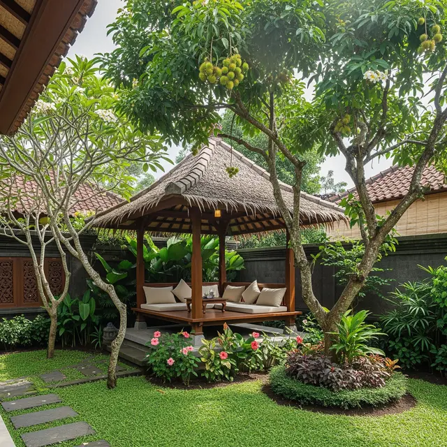 Pohon Buah Berakar Aman Dekat Gazebo (AI)