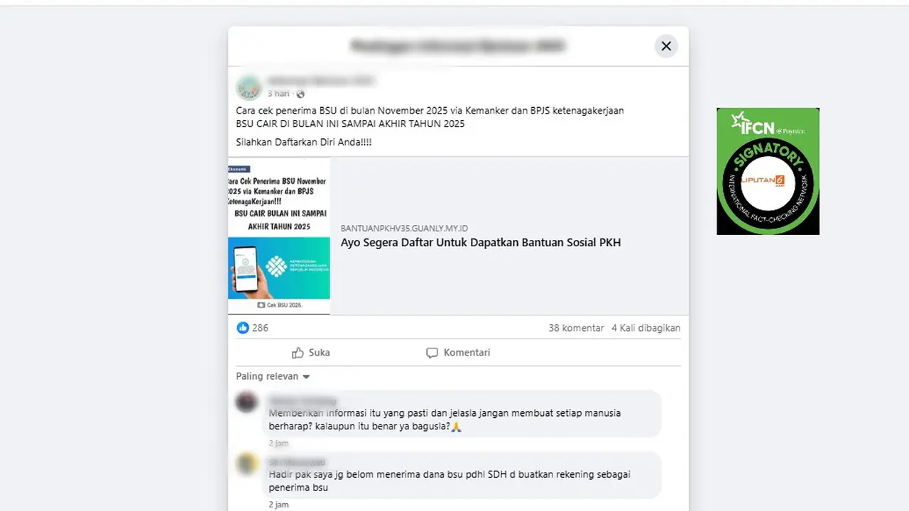 Tangkapan layar klaim link pendaftaran BSU November 2025 yang beredar di Facebook.