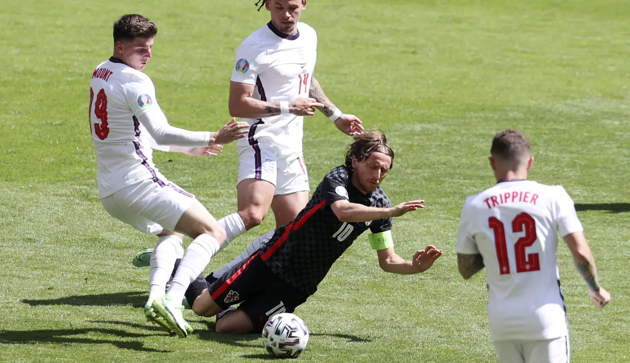 Kemenangan ini sekaligus menuntaskan dendam The Three Lions atas The Blazers yang sebelumnya takluk 1-2 pada laga semifinal Piala Dunia 2018. (AP Photo/Catherine Ivill, Pool)