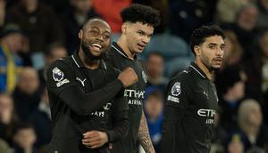 Pemain Manchester City Antoine Semenyo (kiri) bereaksi setelah mencetak gol pada laga Premier League/Liga Inggris antara Leeds vs Man City di Leeds, Inggris, Sabtu, 28 Februari 2026. (AP Photo/Ian Hodgson)