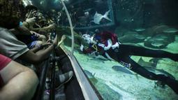 Aquarist Volmer Salvador menyapa pengunjung akuarium AquaRio mengenakan kostum Sinterklas saat musim Natal di Rio de Janeiro, Brasil, 20 Desember 2021. Dengan luas bangunan sekitar 26.000 meter persegi, AquaRio dianggap sebagai akuarium laut terbesar di Amerika Selatan. (AP Photo/Bruna Prado)