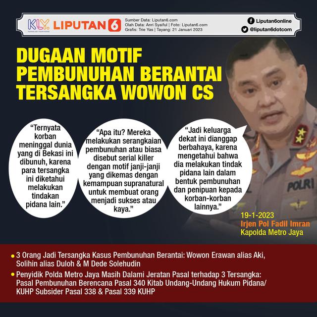 Infografis Dugaan Motif Pembunuhan Berantai Tersangka Wowon Cs. (Liputan6.com/Trieyasni)