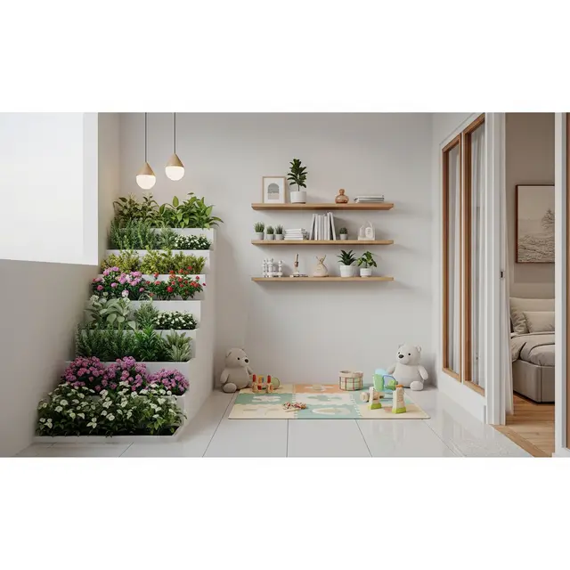 Desain Teras Ramah Balita dengan Kebun Mini Model dengan Rak Tanaman Bertingkat