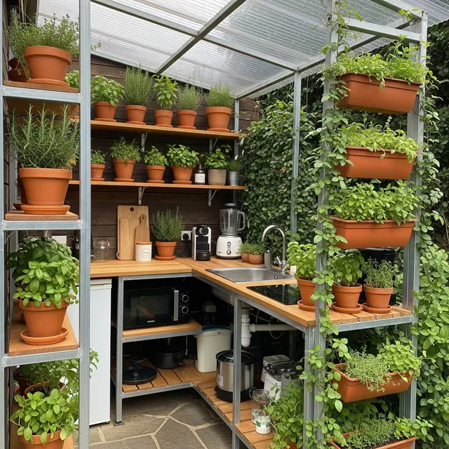 Dapur Kecil Semi Outdoor dengan Rangka Baja Ringan dan Tanaman Hias