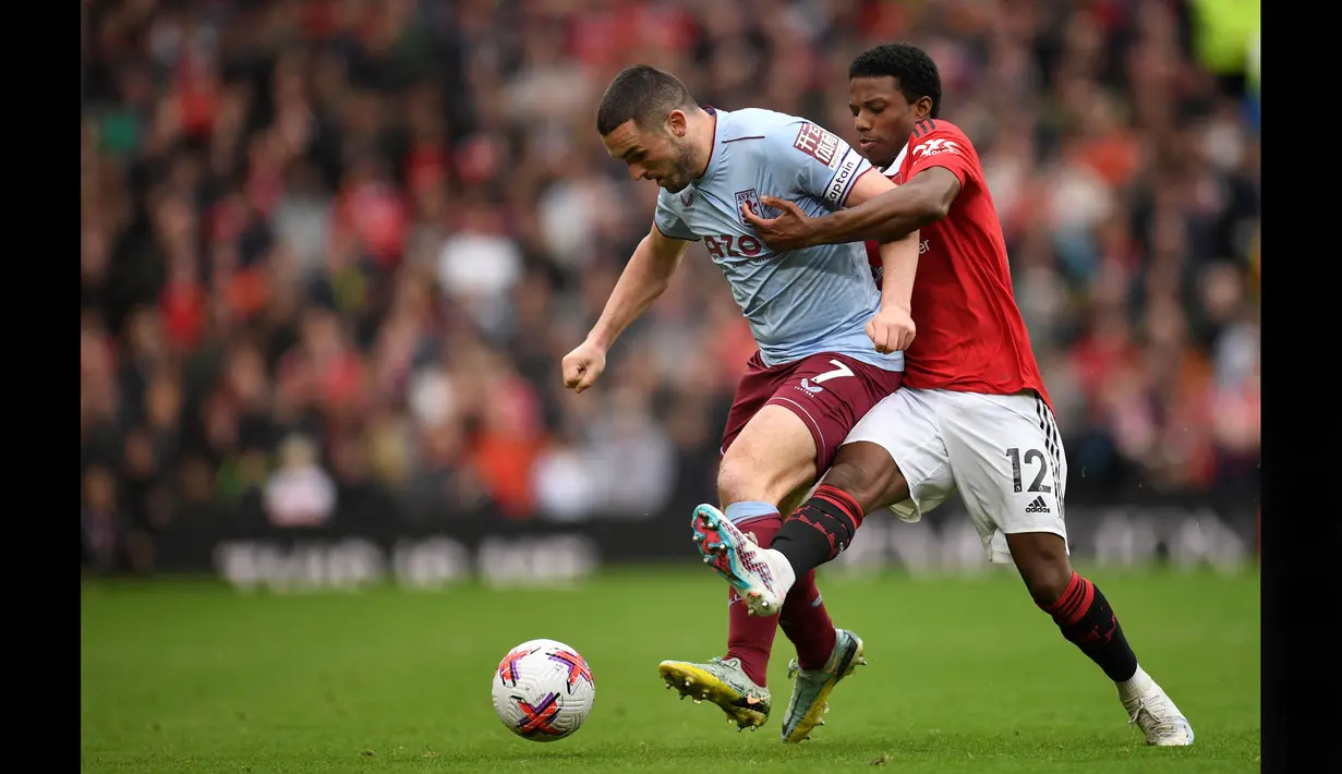 Pemain MU, Tyrell Malacia (kanan) berusaha merebut bola dari kaki pemain Aston Villa, John McGinn, dalam pertandingan pekan ke-34 Liga Inggris 2022/2023 yang berlangsung di Old Trafford, Minggu (30/4/2023). (AFP/Oli Scarff)