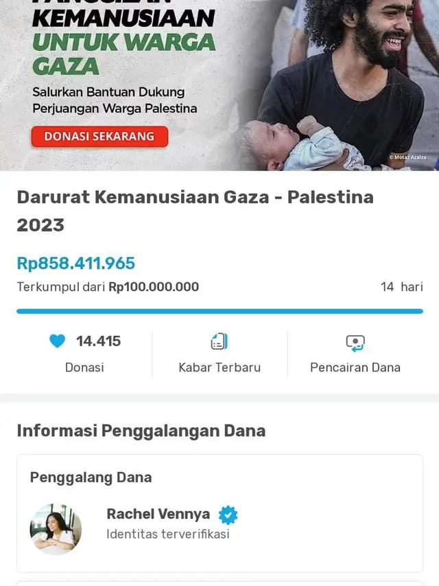 Donasi untuk Palestina yang dibuka melalui Rachel Vennya