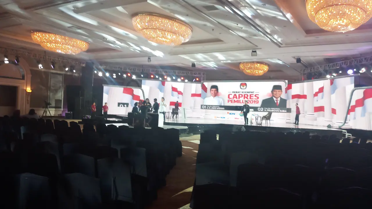 Suasana Lokasi Debat Pilpres Keempat, Ballroom Hotel Shangri-La, Jakarta. (Foto: Muhammad Radityo Priyasmoro/Liputan6.com)