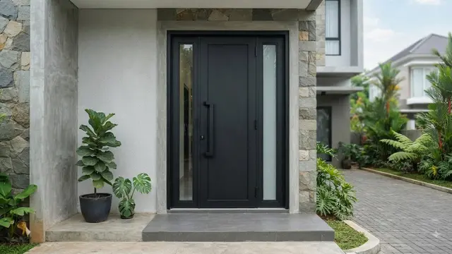 Model Pintu Utama dengan Kaca Vertikal