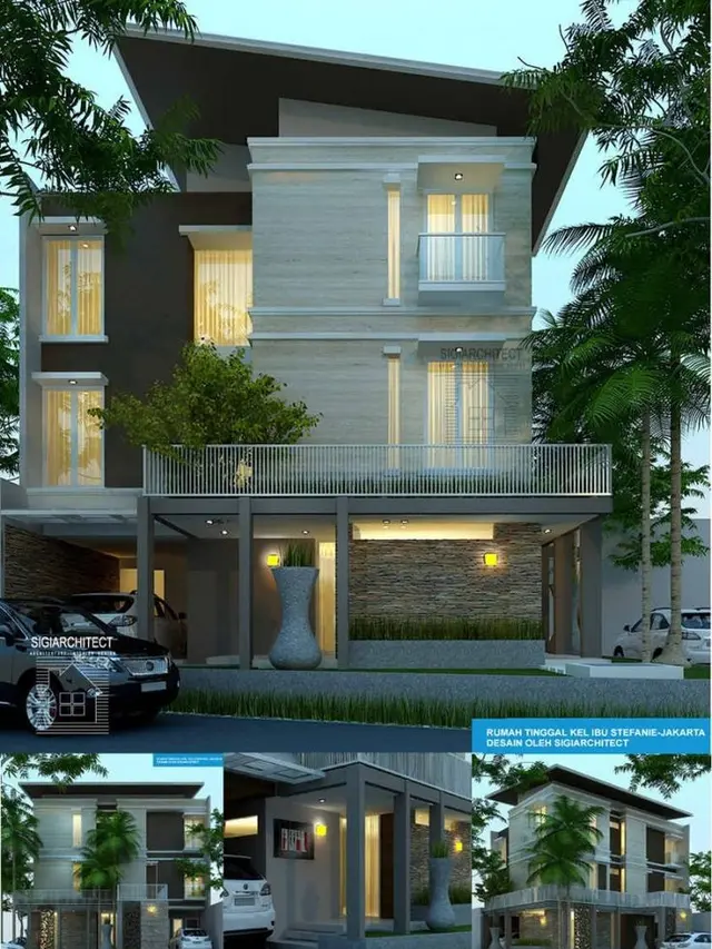 Desain Rumah 3 Lantai dengan Fasad Batu Alam