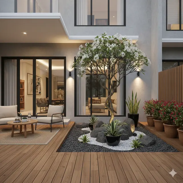 Teras Rumah 6x9 dengan Taman Sederhana (Foto: Gemini AI)