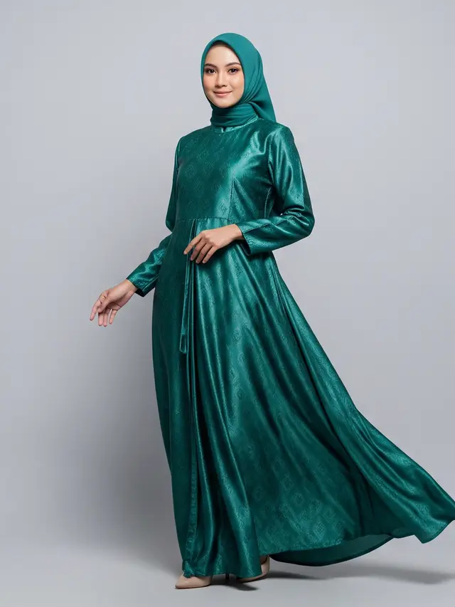 Gamis Teal Green yang Cocok untuk Lebaran 2026 Model Silk Premium Geometris